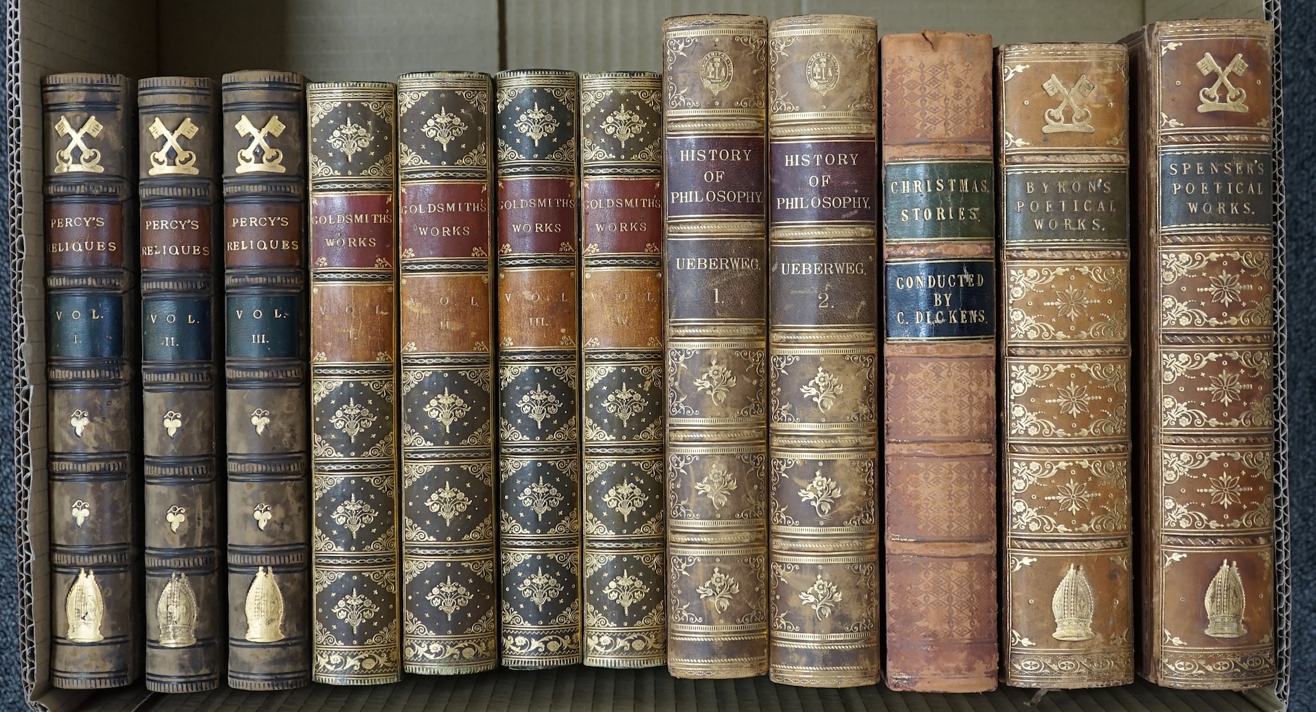 Bindings; Morton, John C. - Cyclopedia of Agriculture, 1863, 2 vols. Byron - Poetical Works, 1870. Spenser, E. -Works 1869. Imperial Dictionary 1850, vol II only. Goldsmith's Works 1854, 4vols, Godolphin School Prize. Di